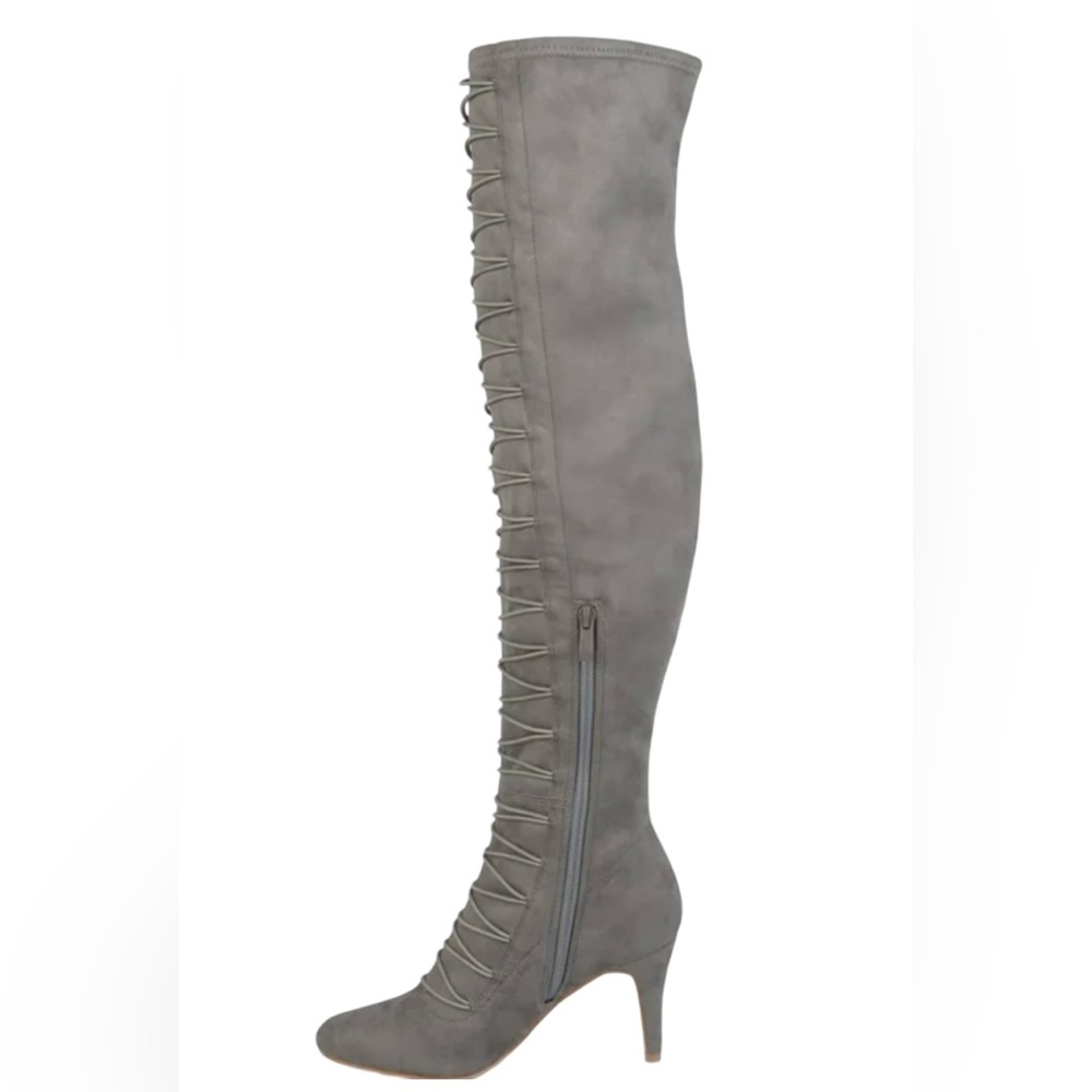 Thrill Journee Collection NWT Sz 7 Gray Faux Leather Over the Knee Lace-Up Boots - Picture 11 of 14